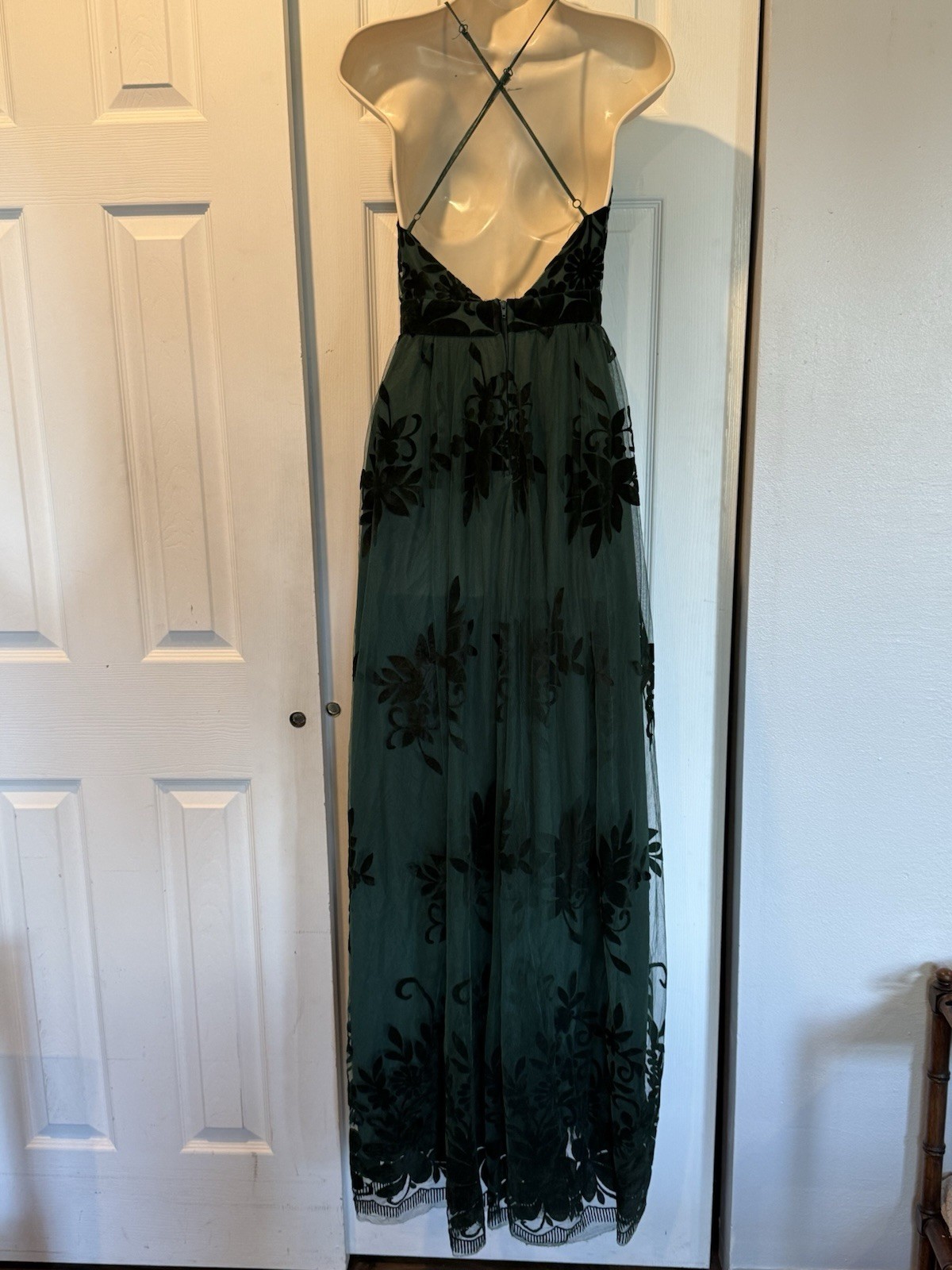 Windsor Forrest Fairy Green Velvet Floral Burnout Maxi Dress S Mesh Gown V Neck