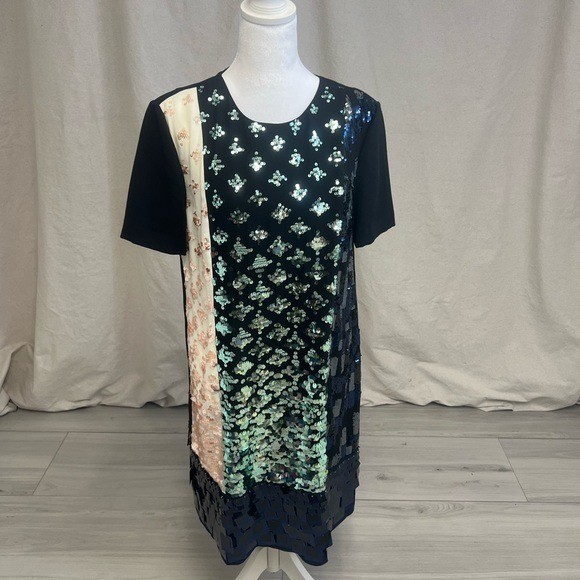 Tory Burch Retro Sequin Colorblock Shift Dress Black Cream Sz L Mob Wife Luxury