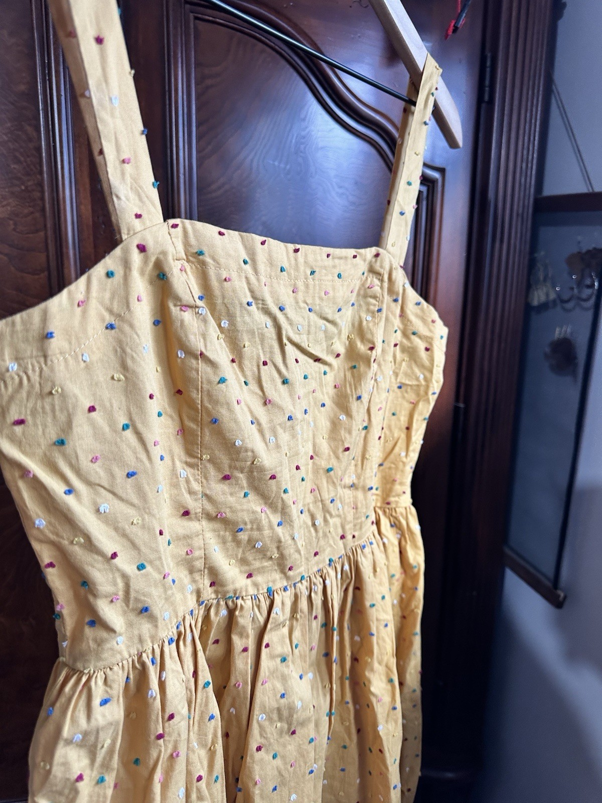 Mustard Yellow Polka Dot Sundress A-Line Cottagecore Indie Retro Mini Dress (M)