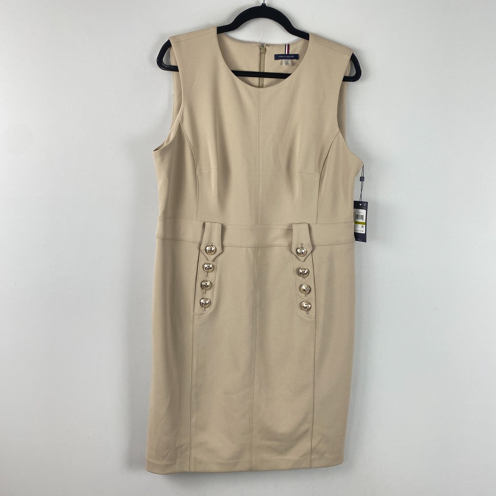 Tommy Hilfiger Sheath Dress Size 14 Sleeveless Beige Stretch Button Detail