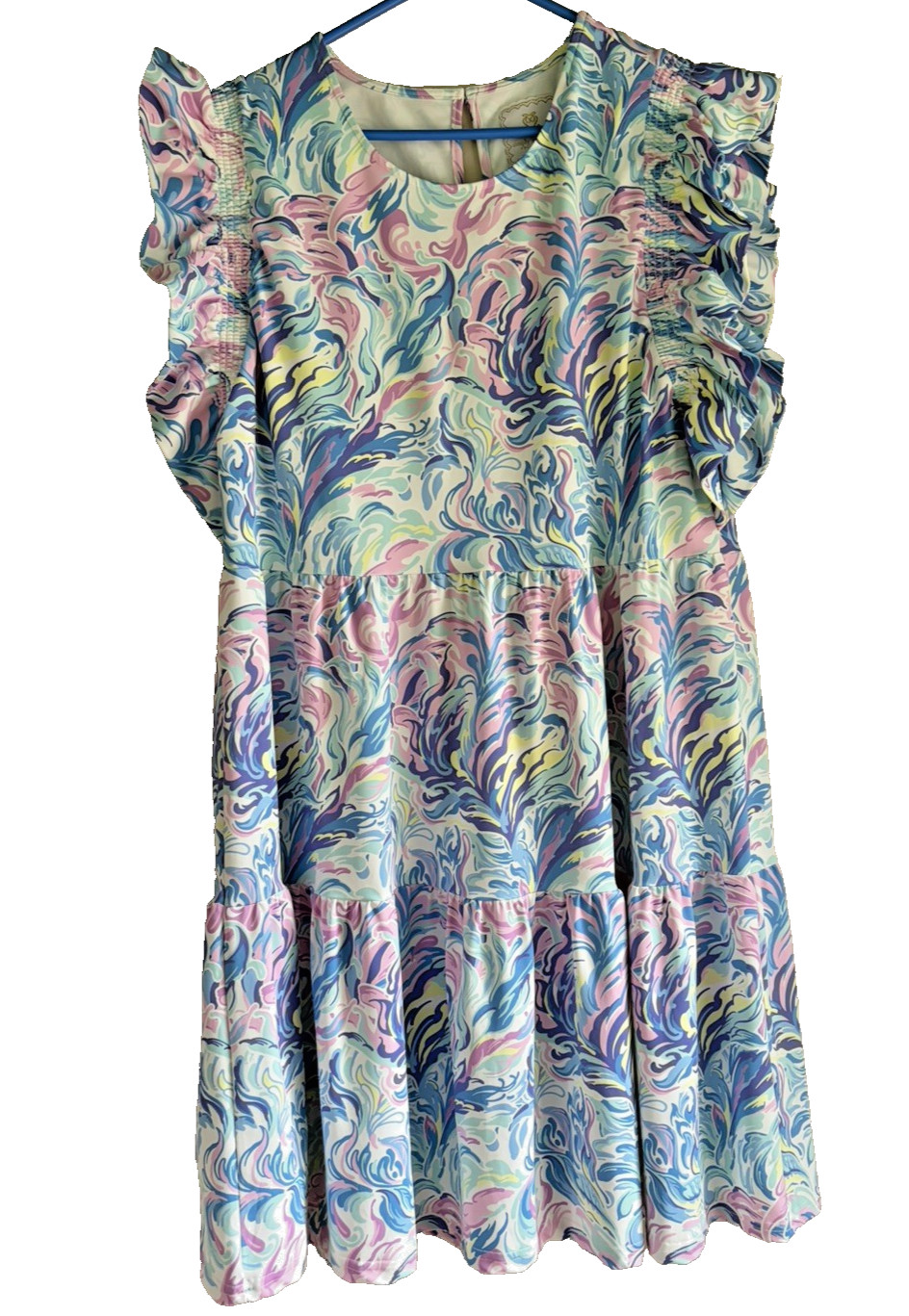 Simply Southern Women Medium Pink Blue Swirl UPF 50+ Tiered Flutter Sleeve Dress