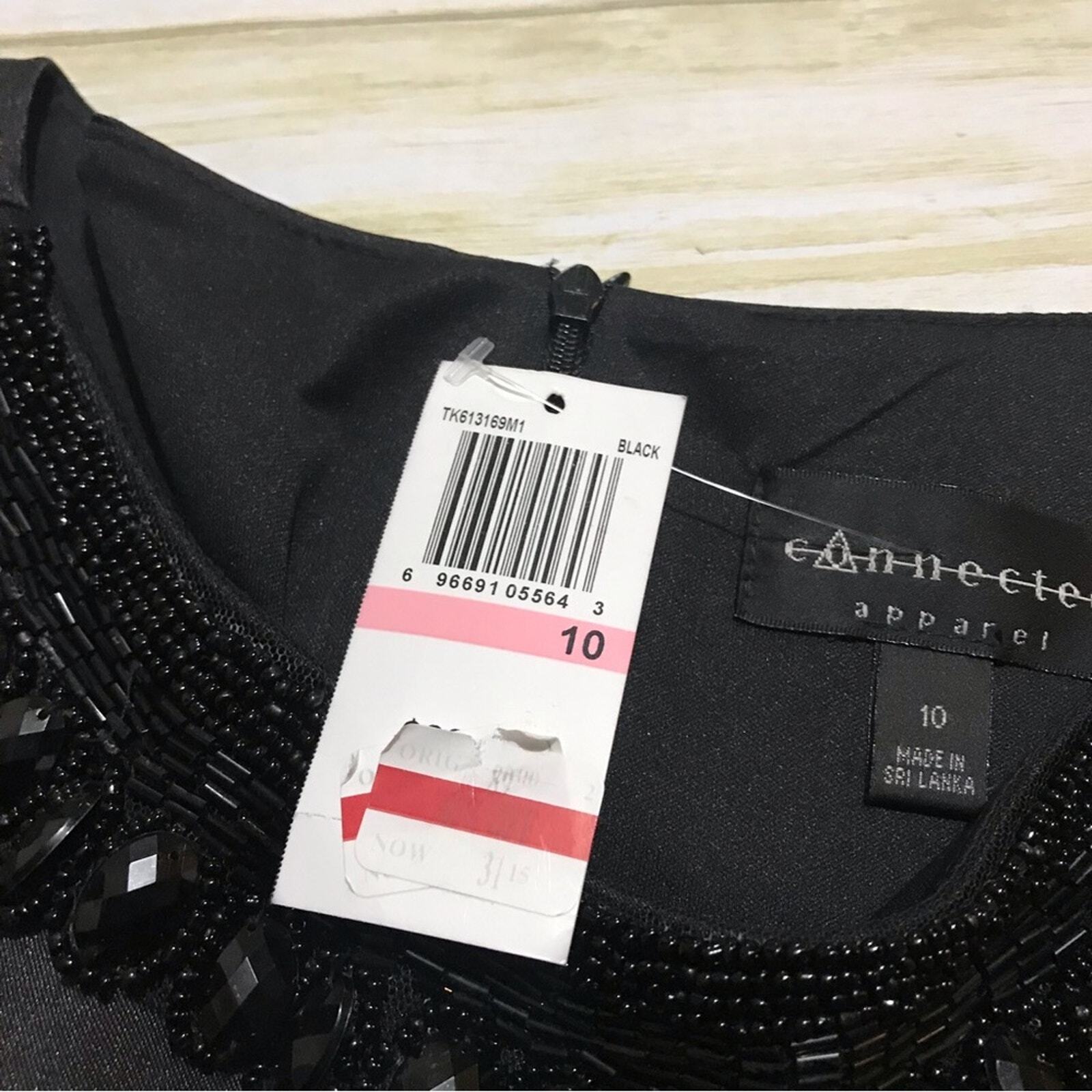 Connected Apparel NWT Black Satin Beaded Ruffle Formal Cocktail Evening Dress 10