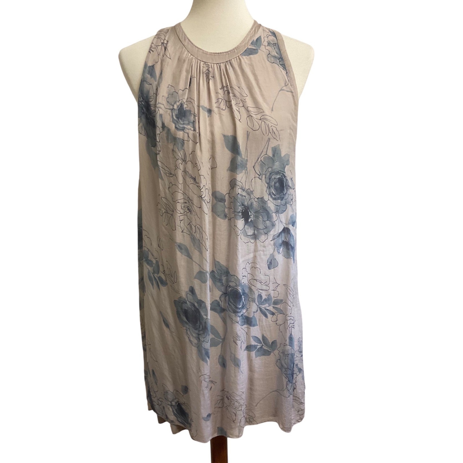 H.Trend Silk Floral Sleeveless Dress Womens Size M Taupe Blue Made in Italy
