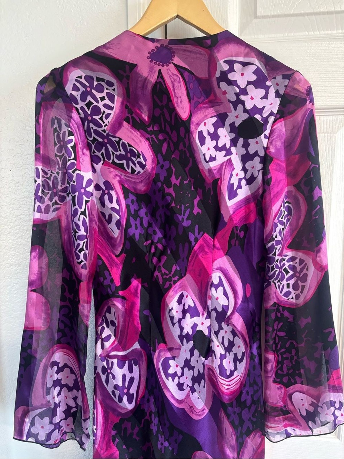 Mary L. Couture Silk Ruffle Trim Purple Floral Beaded Dress