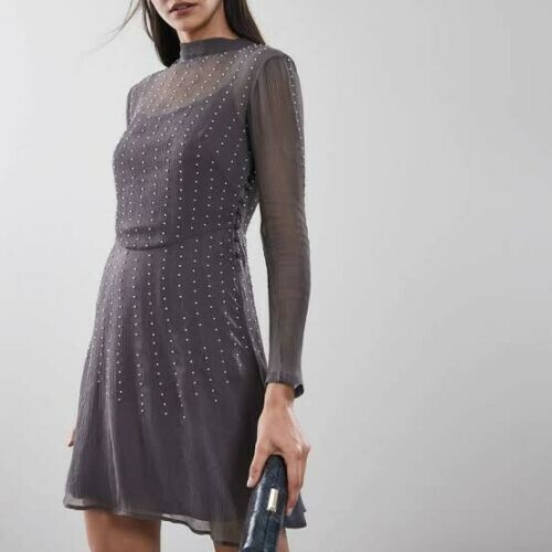 Reiss Charcoal Camille High Neck Pearl Mini Dress Beaded Long Sleeves M 205889