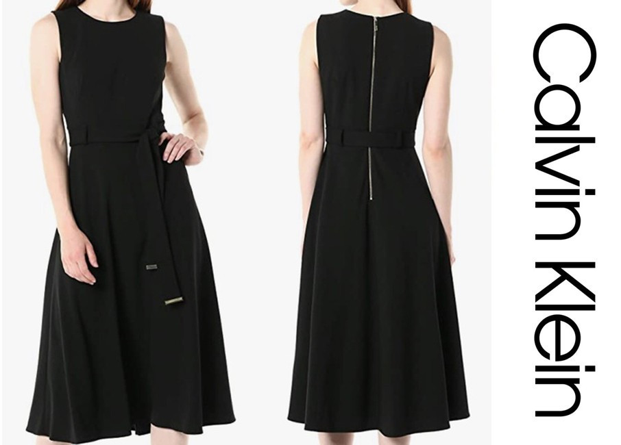 NWT Calvin Klein Sleeveless Midi A-Line Dress,12, BLACK Belted Exposed back zip