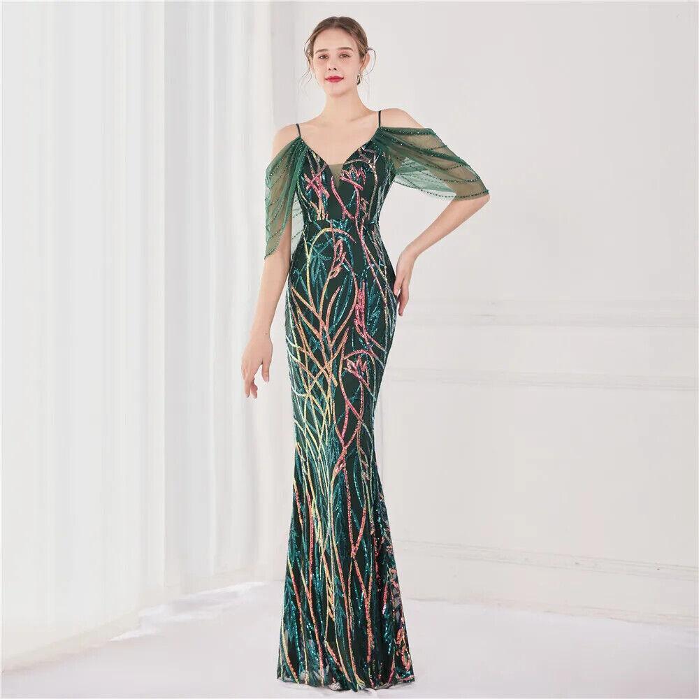 Women Performance Mesh Green Elegant Beading Evening Sequin Maxi Long Prom Dress