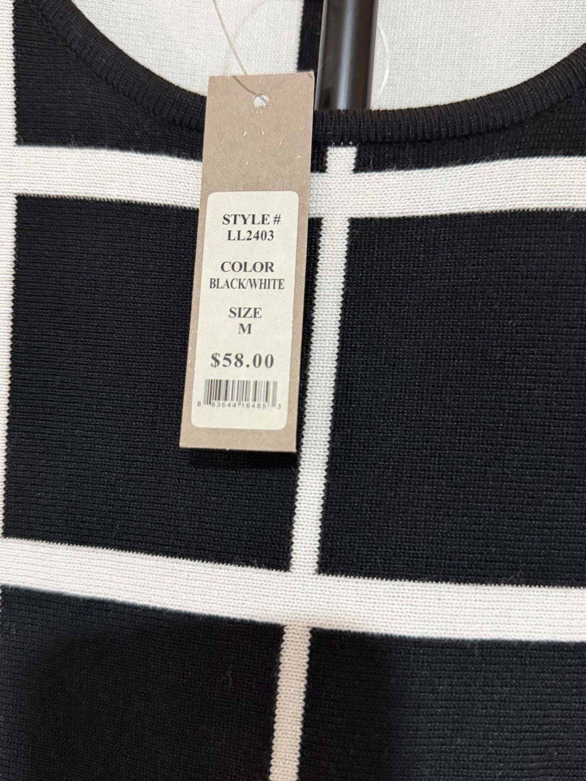 Luxace Lane Black/White Check Round Neck Knit A-Line Knee Dress Long Sleeve M