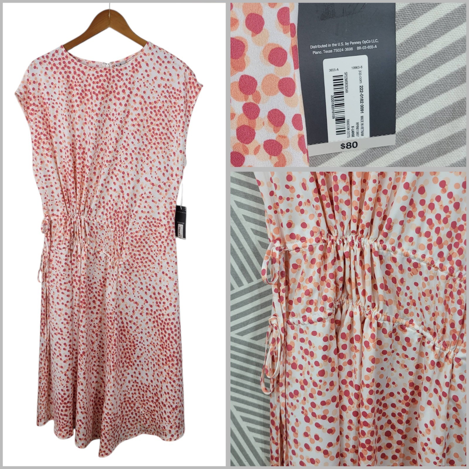 NEW Worthington Dress Size XL Polkadot Cinch Tie Waist Pink Midi Lightweight