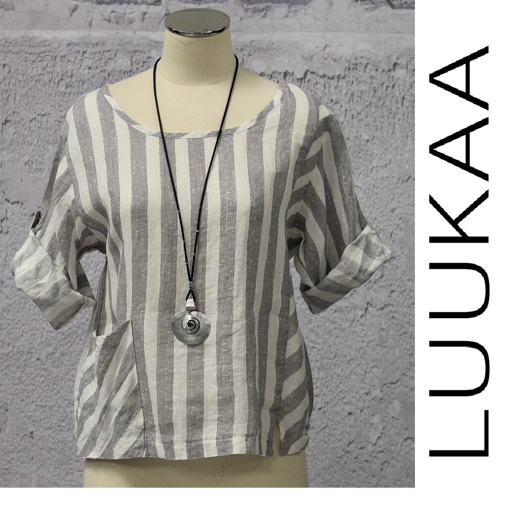 LUUKAA Linen 8Y0524 Lagenlook Light Linen STRIPE POCKET DRESS (sizes 6-10) WHITE