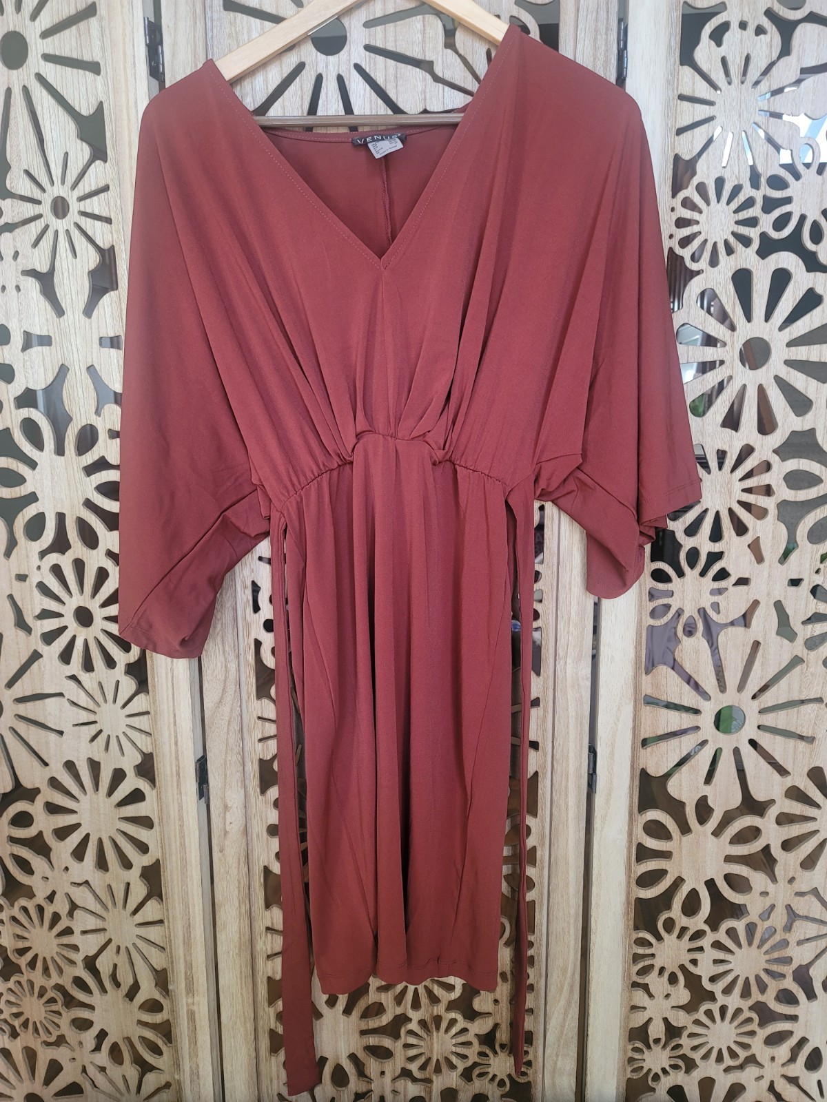 VENUS Rust Knit Tie Waist Midi A-Line Dress XS 95% Polyester Short Kimono Sleeve