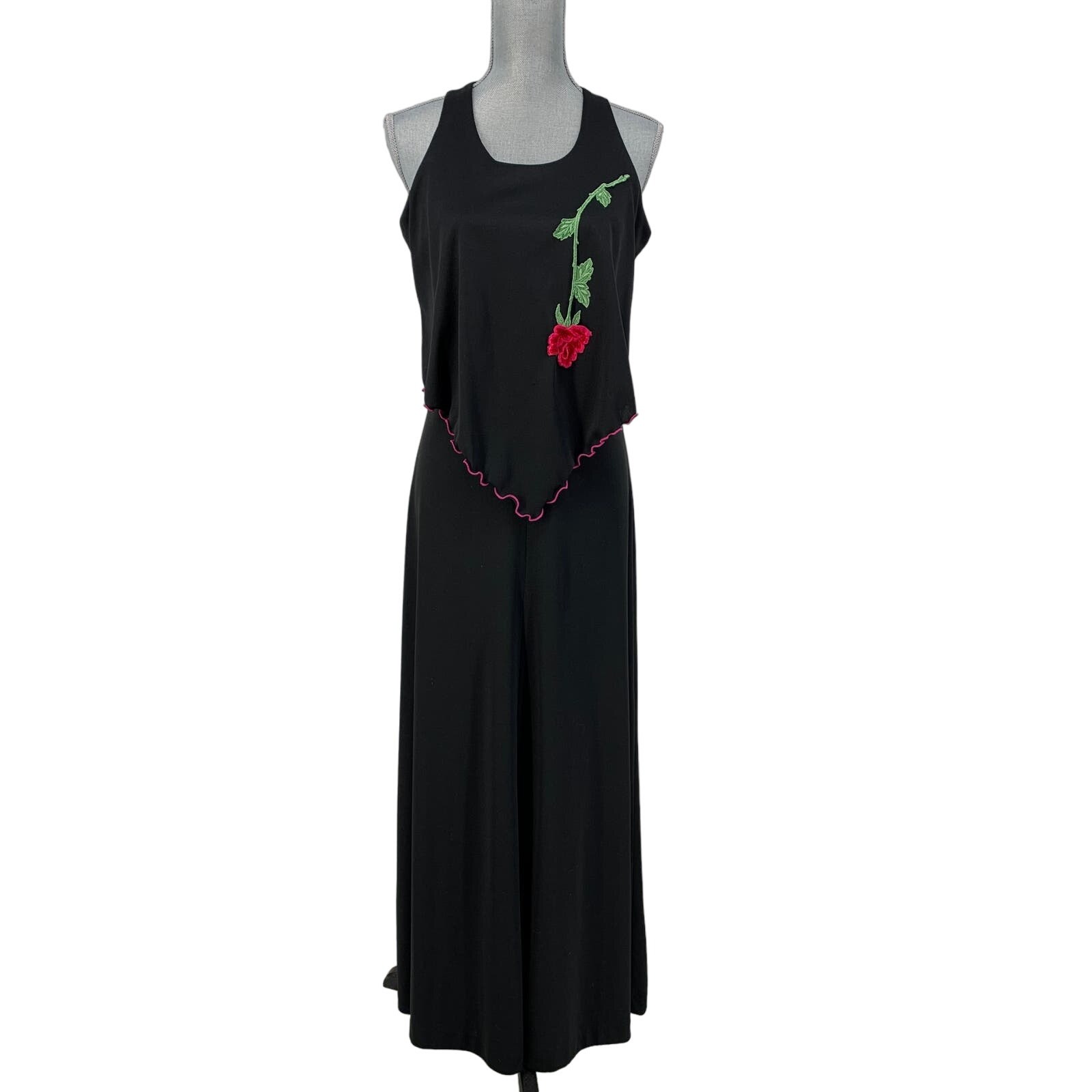 Vintage Union Made Womens Size 6 8 Black Sleeveless Maxi Dress Embroidery Rose