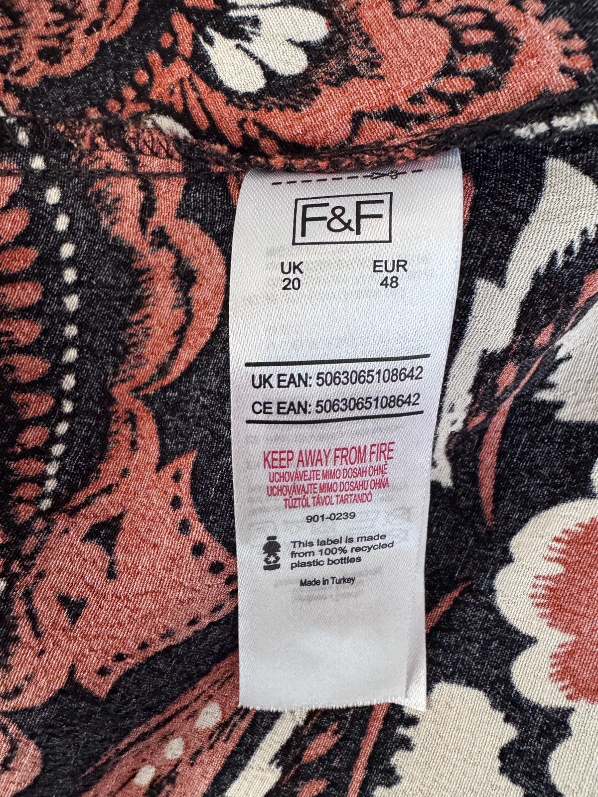 Full Length Patterned Long Sleeve Collared Shirt Dress From F&F Size 20