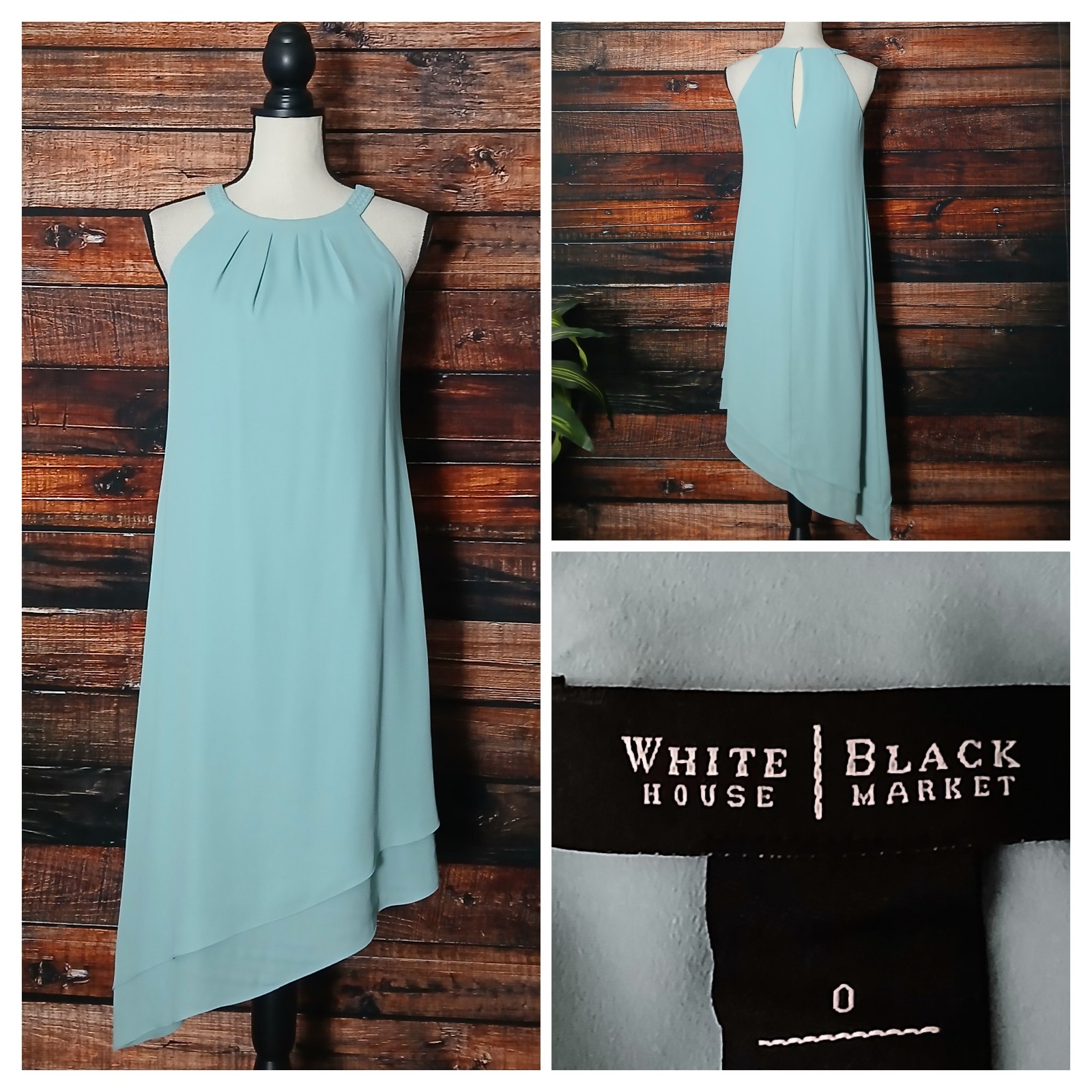 White House Black Market Dress Size 0 Light Teal Layered Halter Asymmetrical
