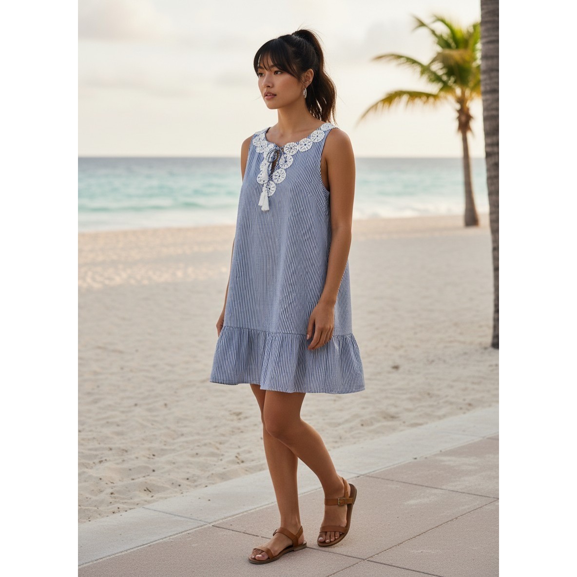 Sail to Sable Seersucker Dress Women L Blue Excellent Crochet Tassel Ruffle Hem
