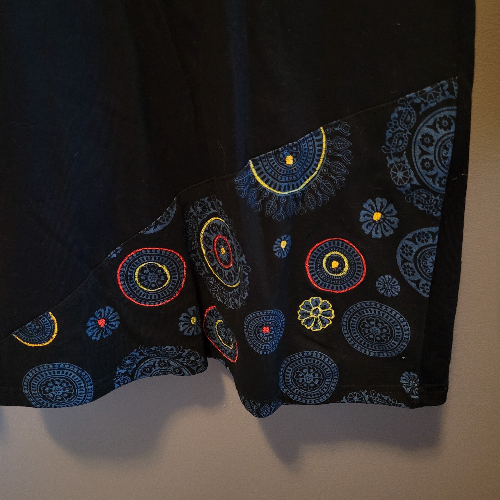 Nepal Dress with Applique Design Black Long Sleeve Dress Aqua Trim Size S/M