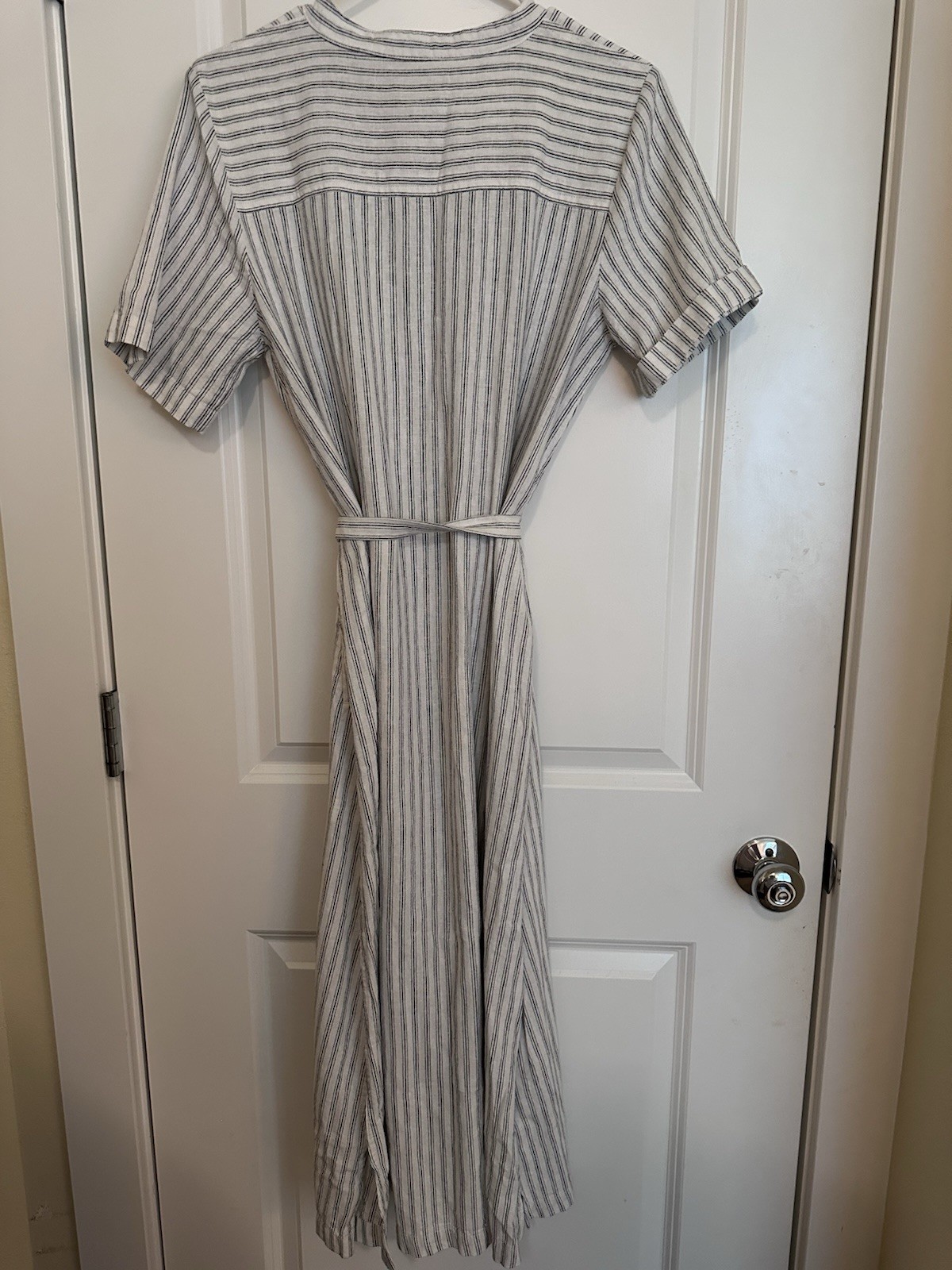 Banana Republic White Blue Striped Linen Blend Belted Shirt Maxi Dress S/M