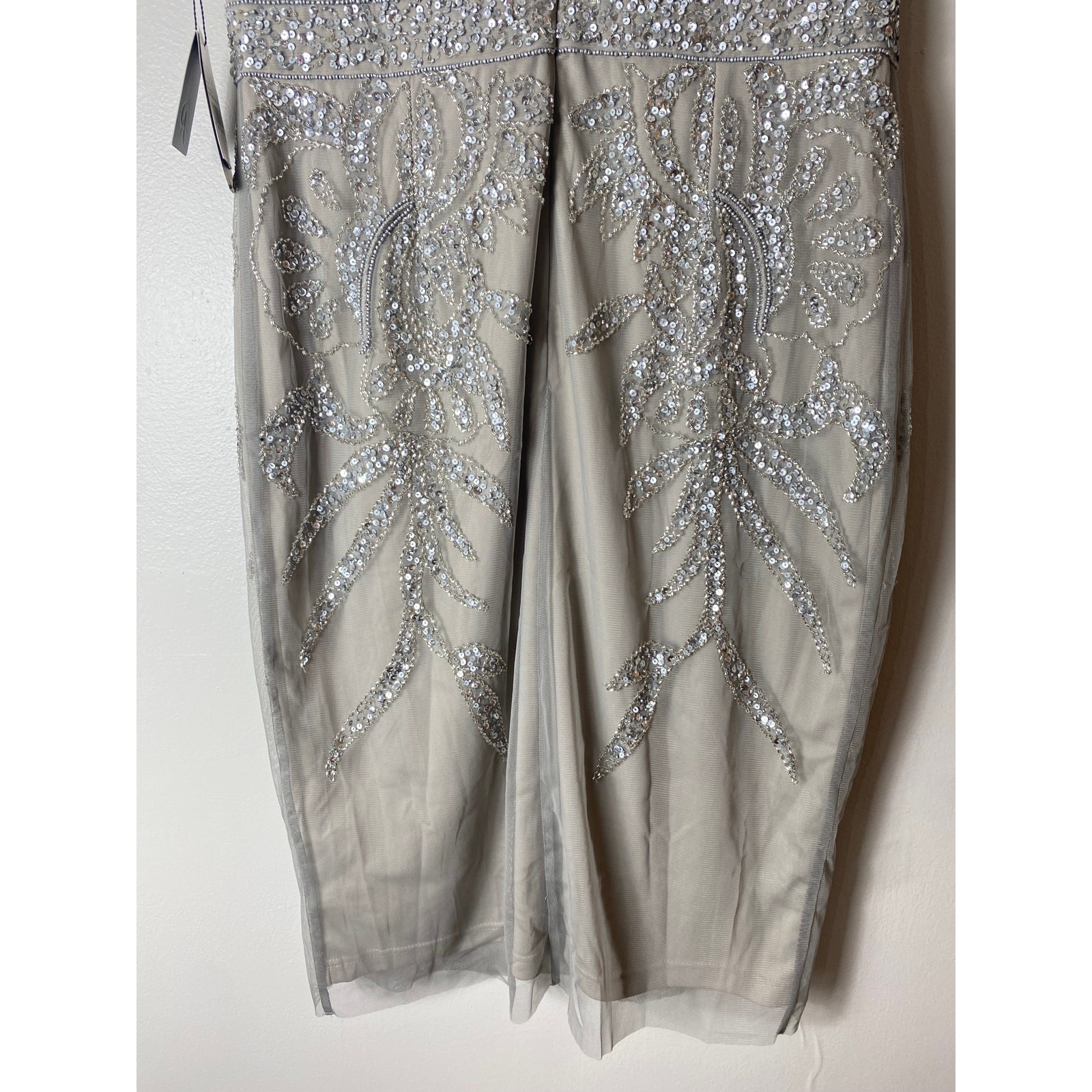 ADRIANNA PAPELL DRESS 14 SILVER SEQUIN BEADED WEDDING GUEST COCKTAIL PARTY SHORT