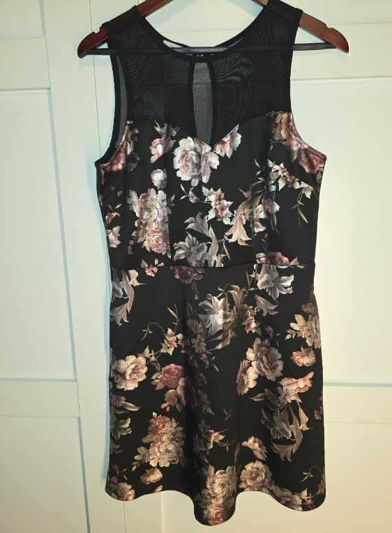 Maurices Black Floral Mesh Metallic Shine Knee Length Dress Medium Illusion