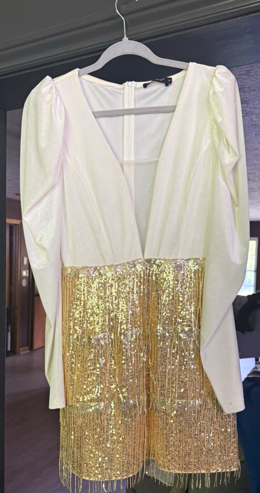 Women’s White/Gold Sequin Fringe Mini Dress V-Neck Open Back Zip Size M