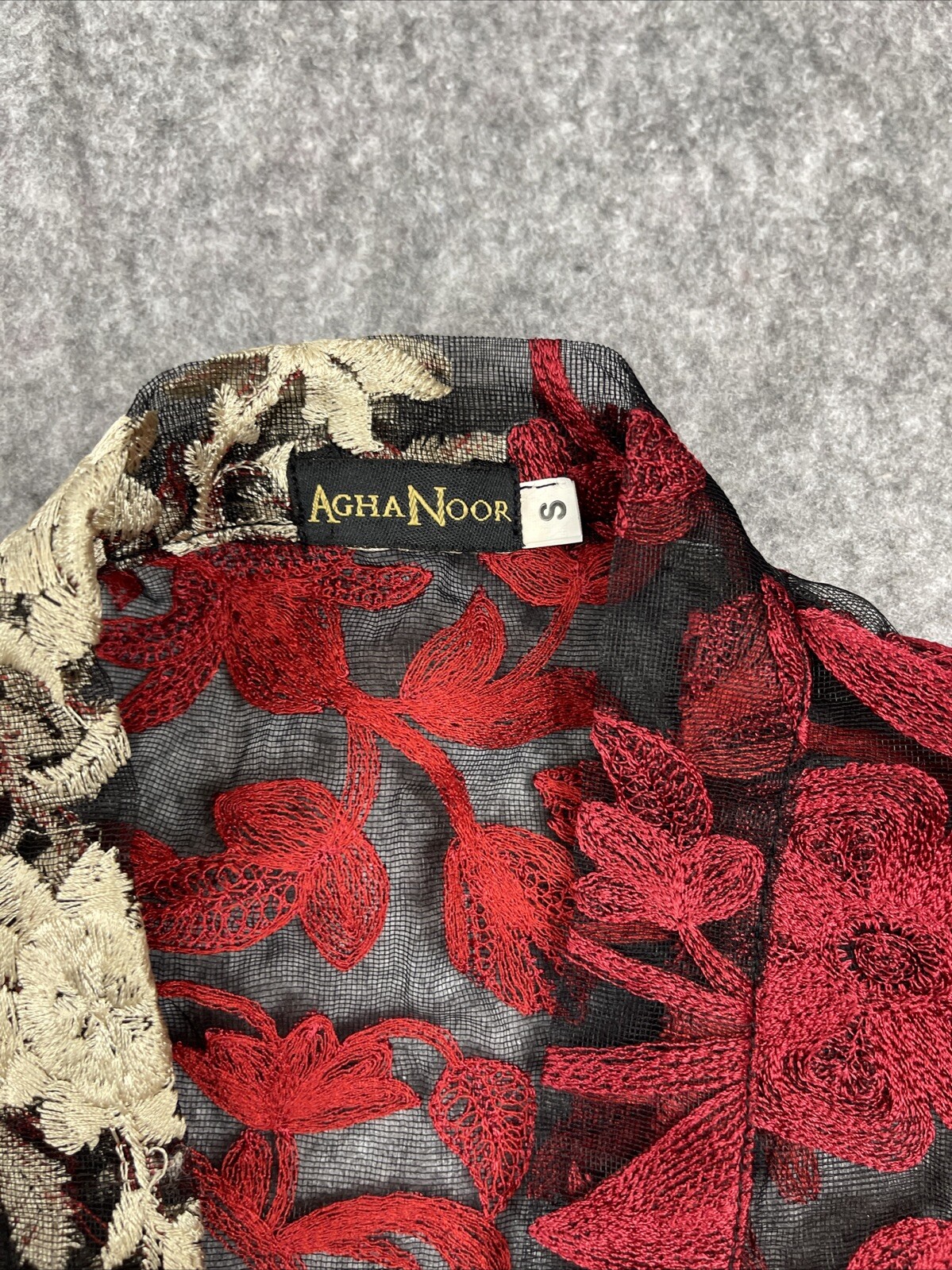 AghaNoor Sheer Overlay Dress Small Embroidered Lace Floral Whimsy Goth Boho Art