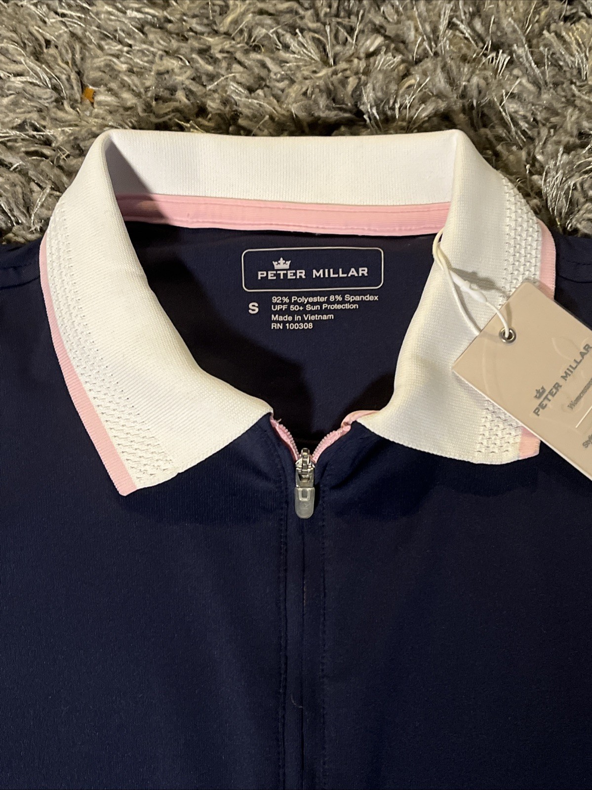 NWT Peter Millar Polo Dress 1/4 Zip Small Navy Blue-White Pink Trim Golf Tennis