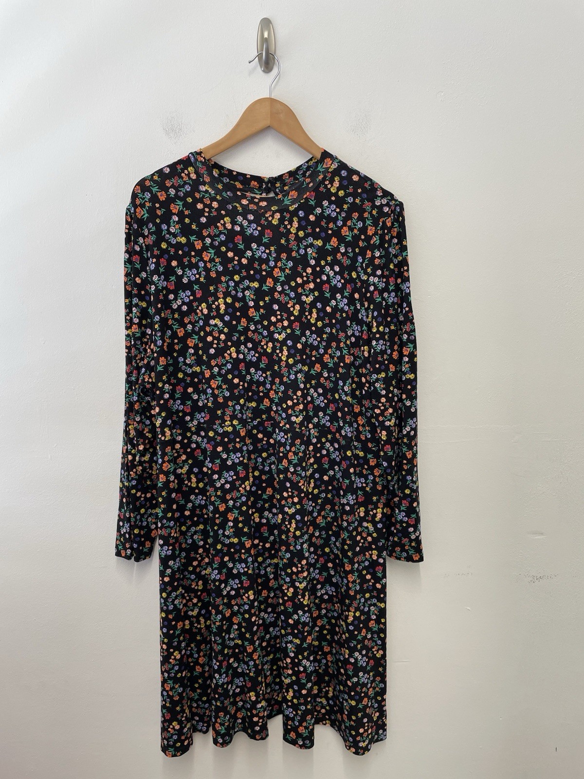 M&S Floral Ditsy Jersey Dress Size 24 Long Black Multicoloured Long Sleeve