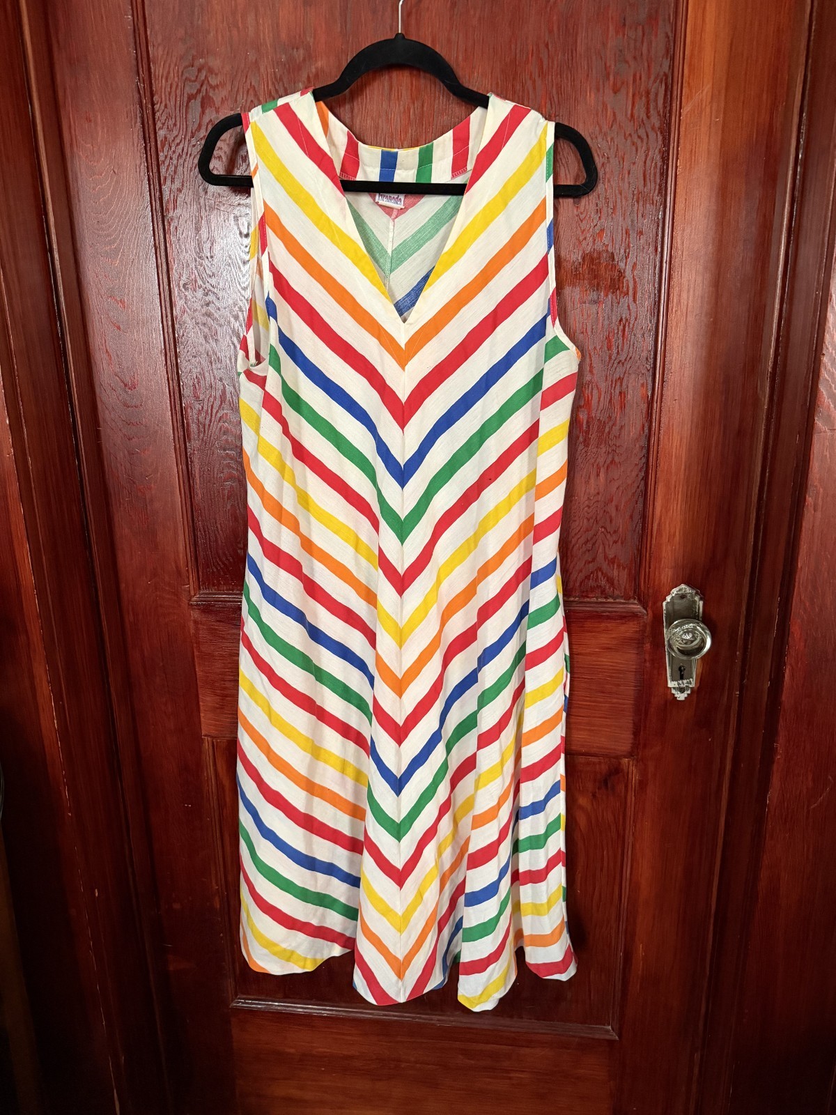 Cute Vintage Granada Rainbow Stripe Cotton Swing Dress Large/XL Pockets