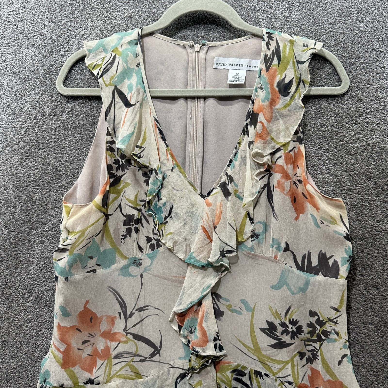 David Warren 100% Silk Tiered Ruffle Midi Dress Size 12 Floral Fairy Romantic