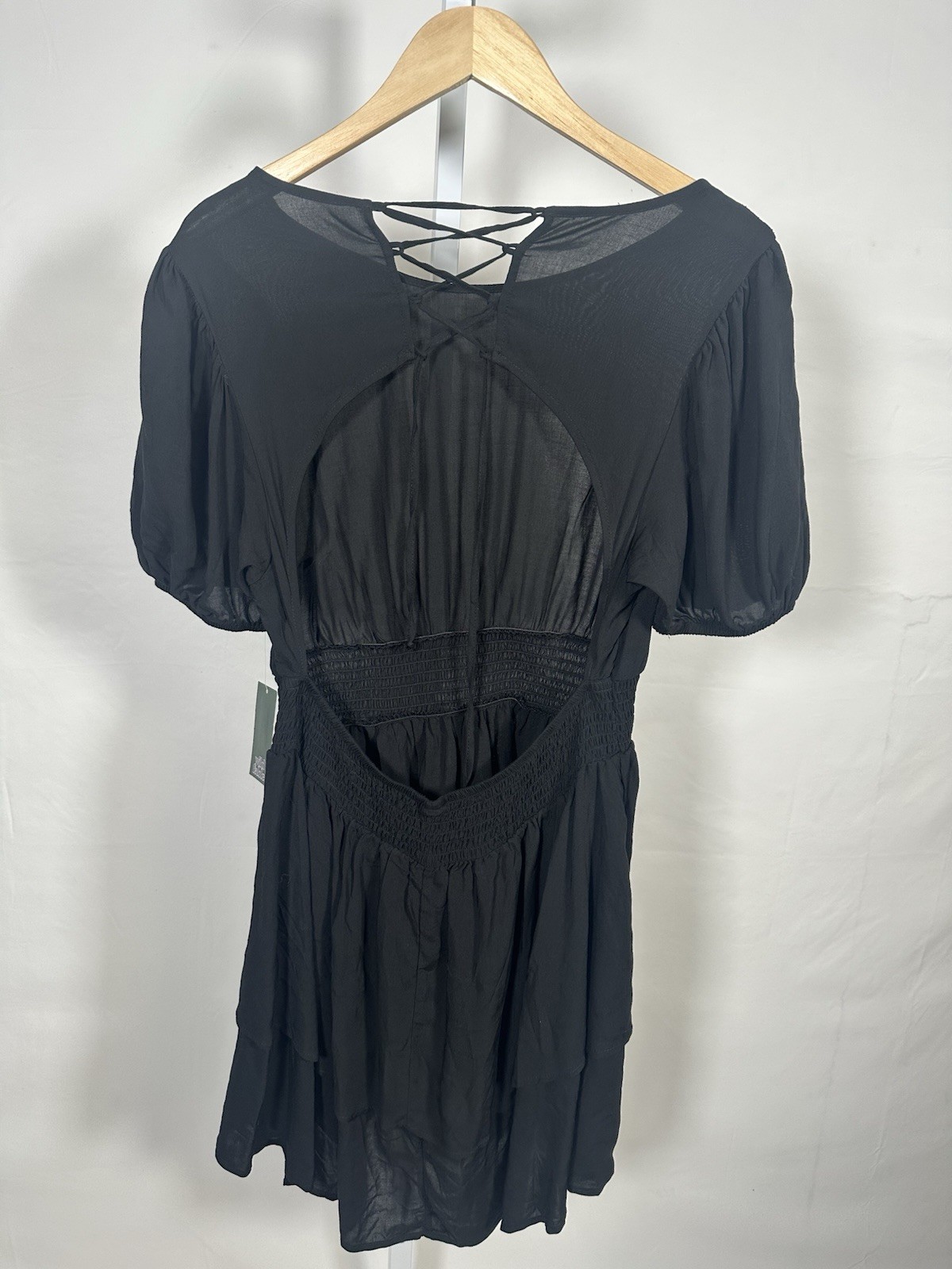 Wild Fable Black Solid Woven Rayon Round Neck Puff Sleeve Open Back Mini L