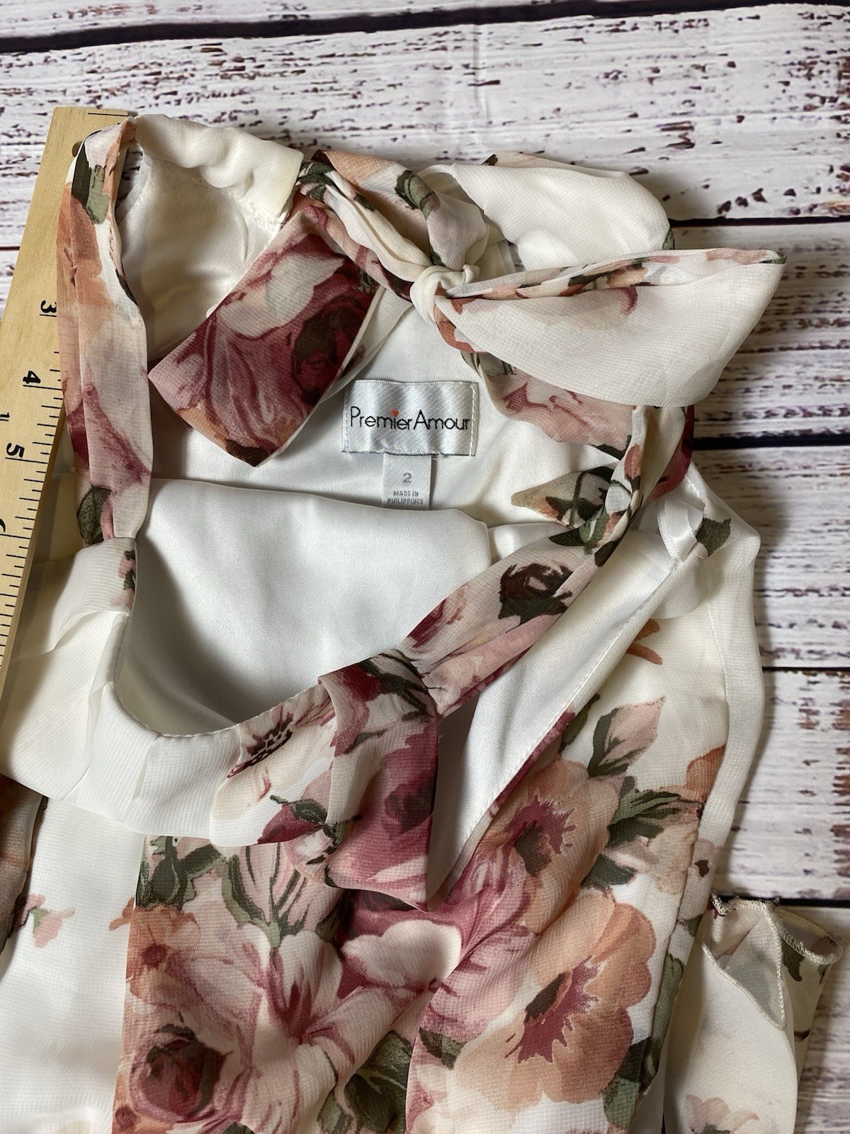 Premier Amour Size 2 Ivory Pink Floral Chiffon Halter Maxi Dress Pleated Bow