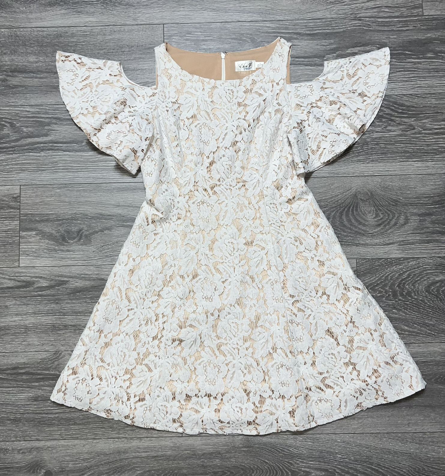 Eliza J Cream Cold Shoulder Flutter Sleeve Fit Flare Lace Nude Beige Dress 8 M