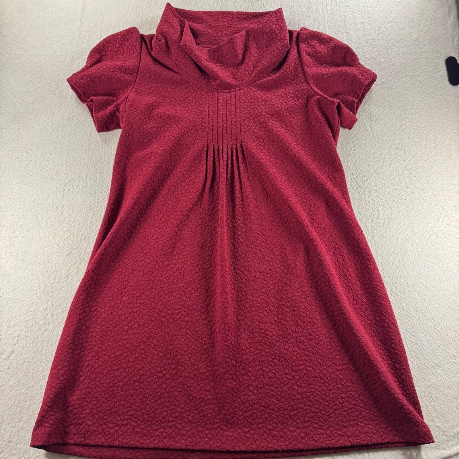 Burgundy Textured Cowl Neck Shift Dress Womens L Red Puff Sleeve Pintuck Exc