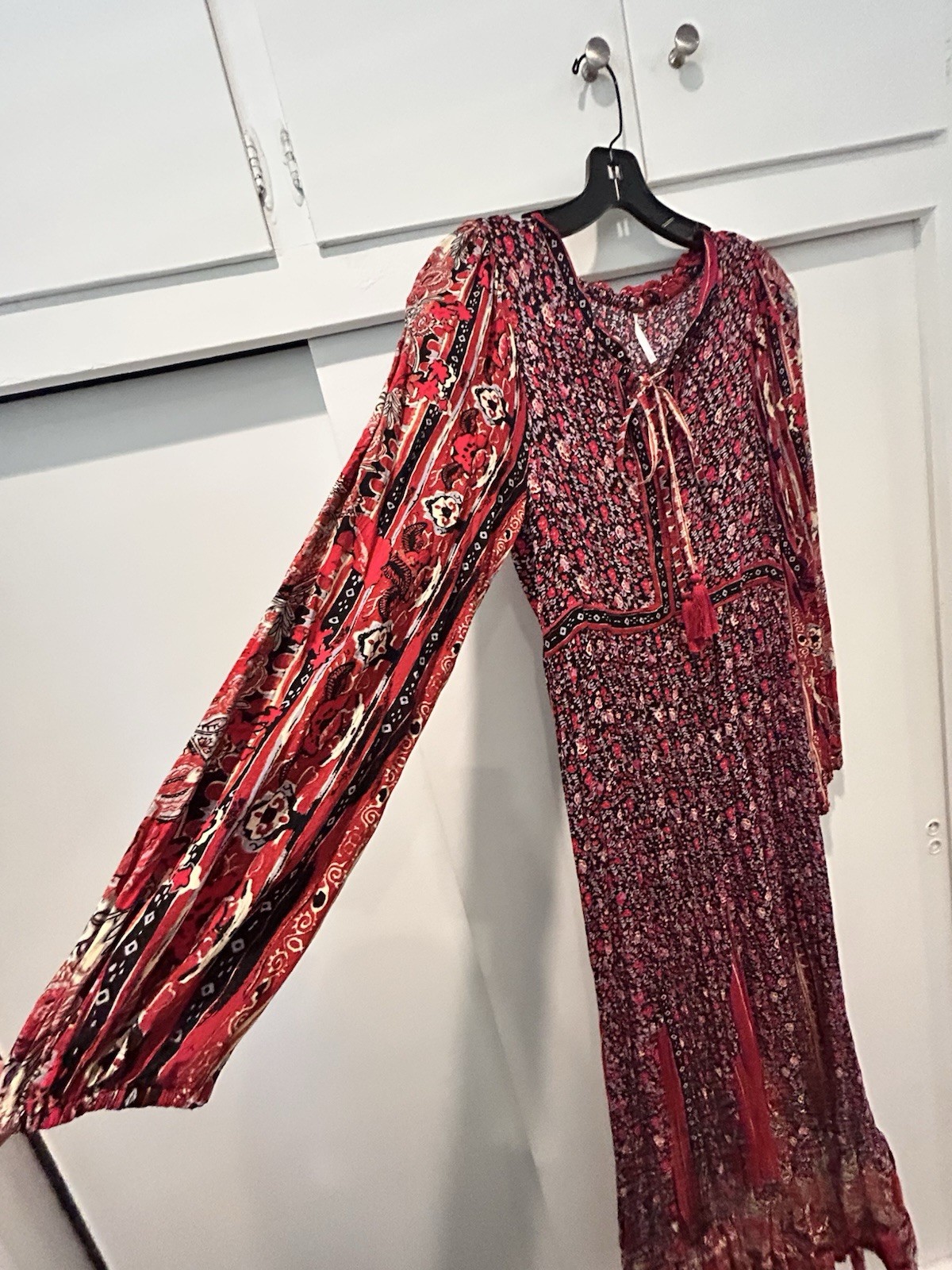 Free People XS Red Floral Cotton V-Neck Long Sleeve Tassel Tie Maxi Dress