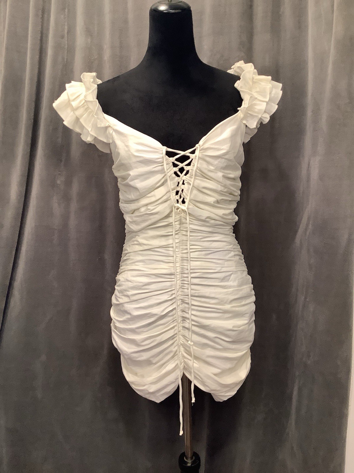 Zara Cream Lace Up Front Off Shoulder Ruffle Sleeve Ruched Mini Dress M