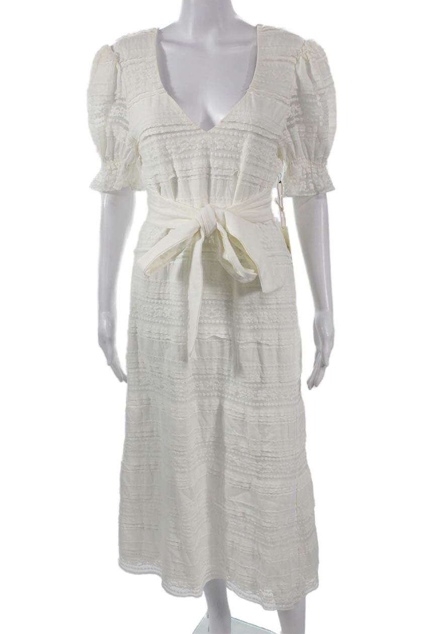 Tularosa Womens Fit & Flare Sundress White V-Neck Short Sleeve Bohemian Size L