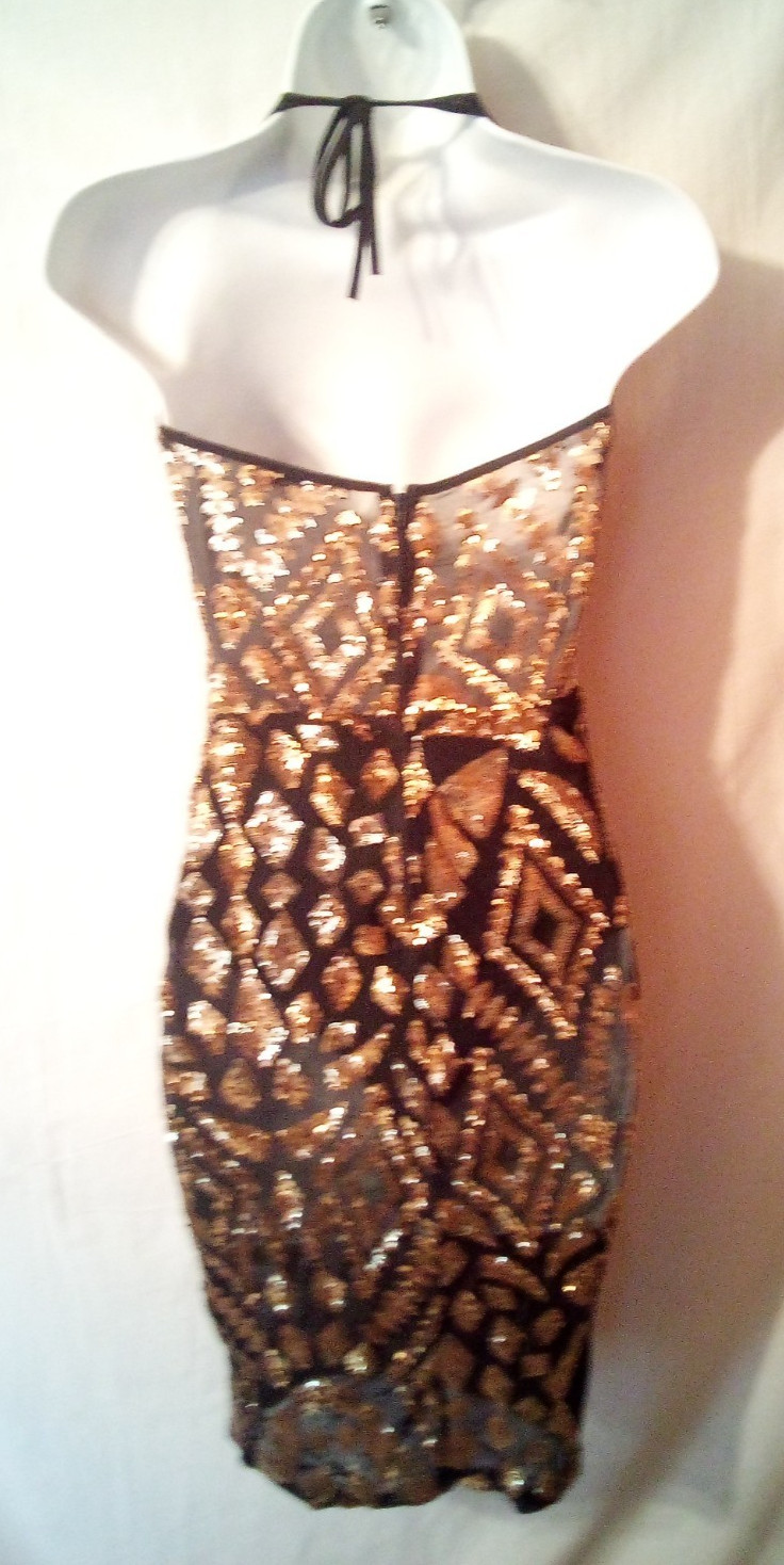 Fashion Nova~M~Sheer Black Gold Sequins Plunging Halter Dress Attached Panties~Q