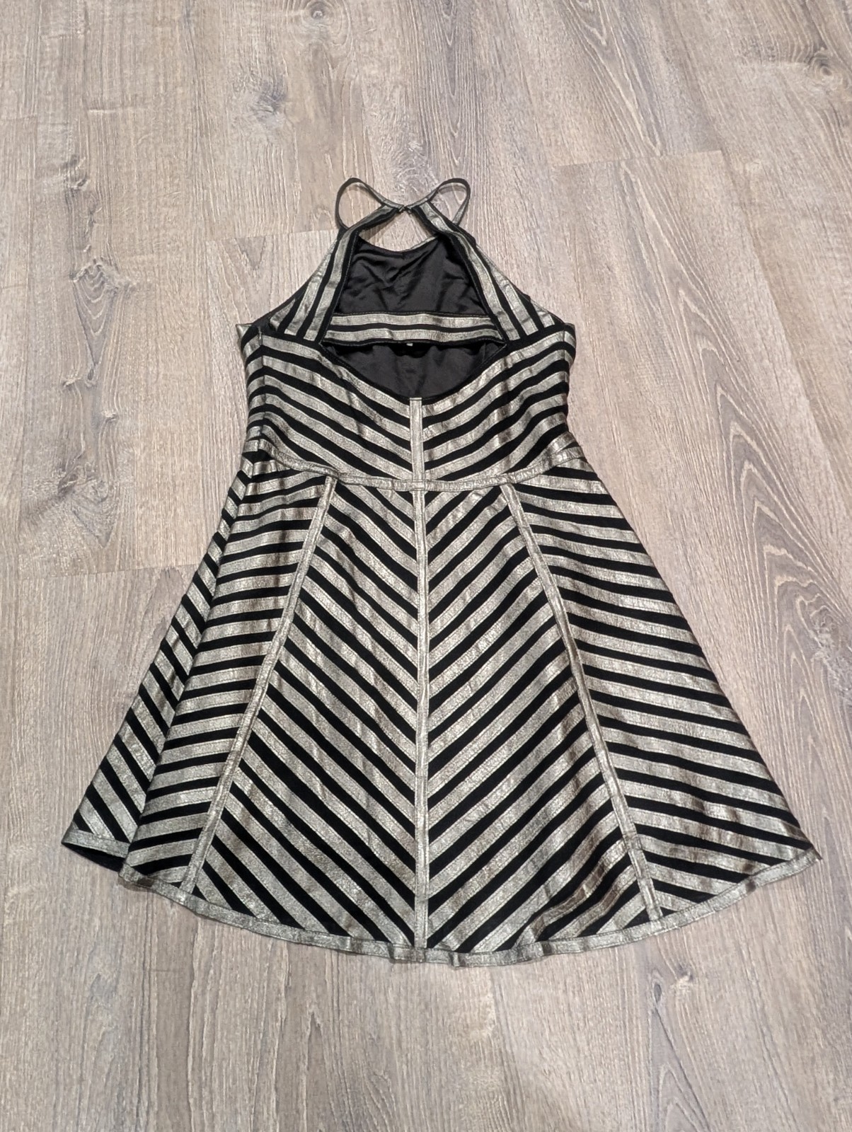 Parker Black Silver Striped Halter Fit & Flare Knee Dress Sleeveless S