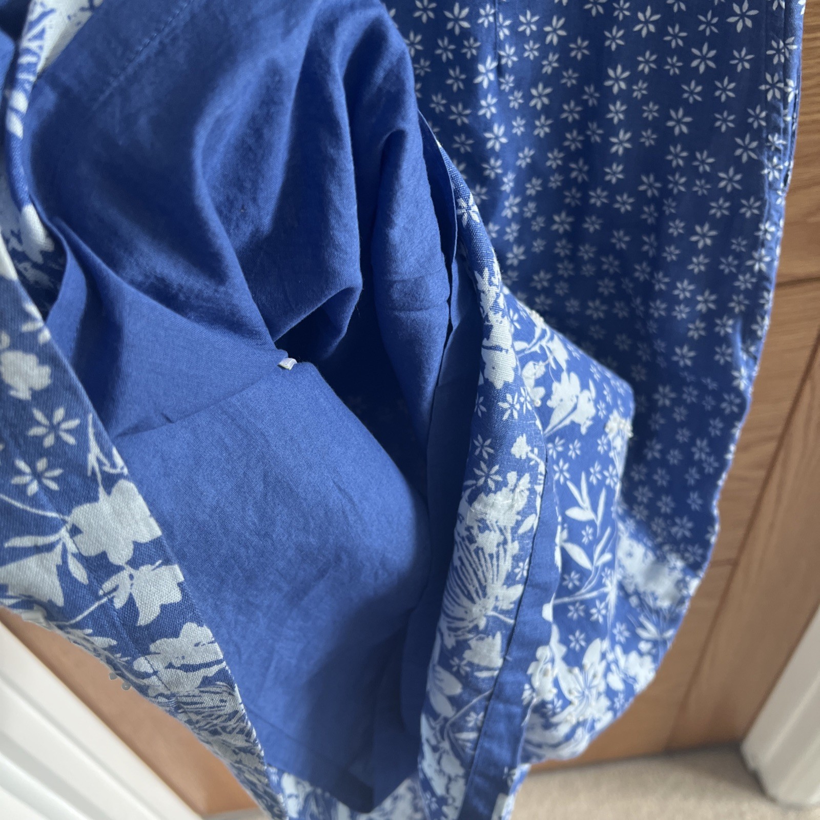 Per Una Dress UK 8 Blue White Floral Beaded Linen Cotton Blend Pockets Summer