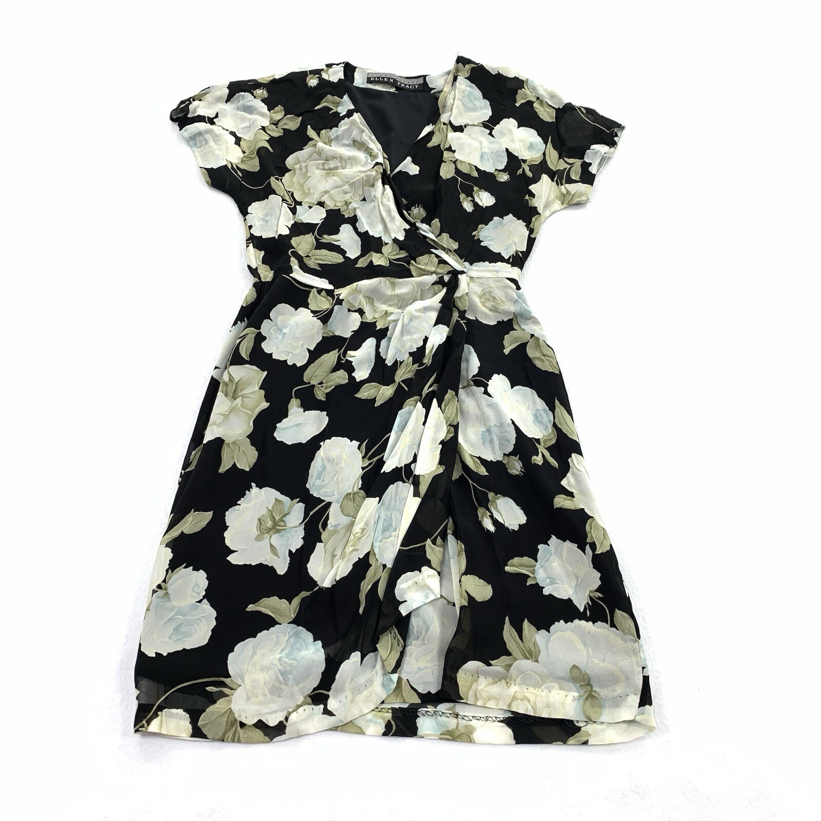 Linda Allard Ellen Tracy Floral Print Wrap Dress Size 4 Womens Black White S