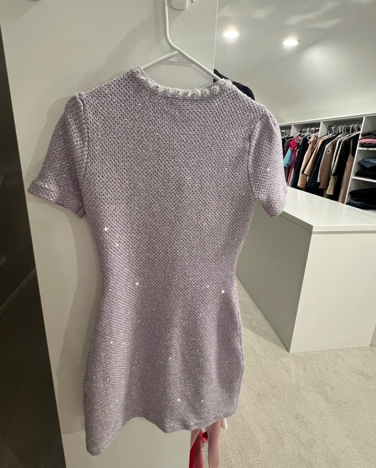 Self-Portrait Lilac Sequin Embellished Knit Button Mini Dress Lavender Sz Med