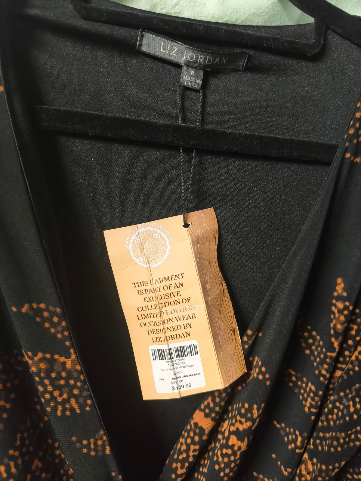 Liz Jordan Wrap Dress – Black and Rust Print with Gold Buckle Detail Size 8