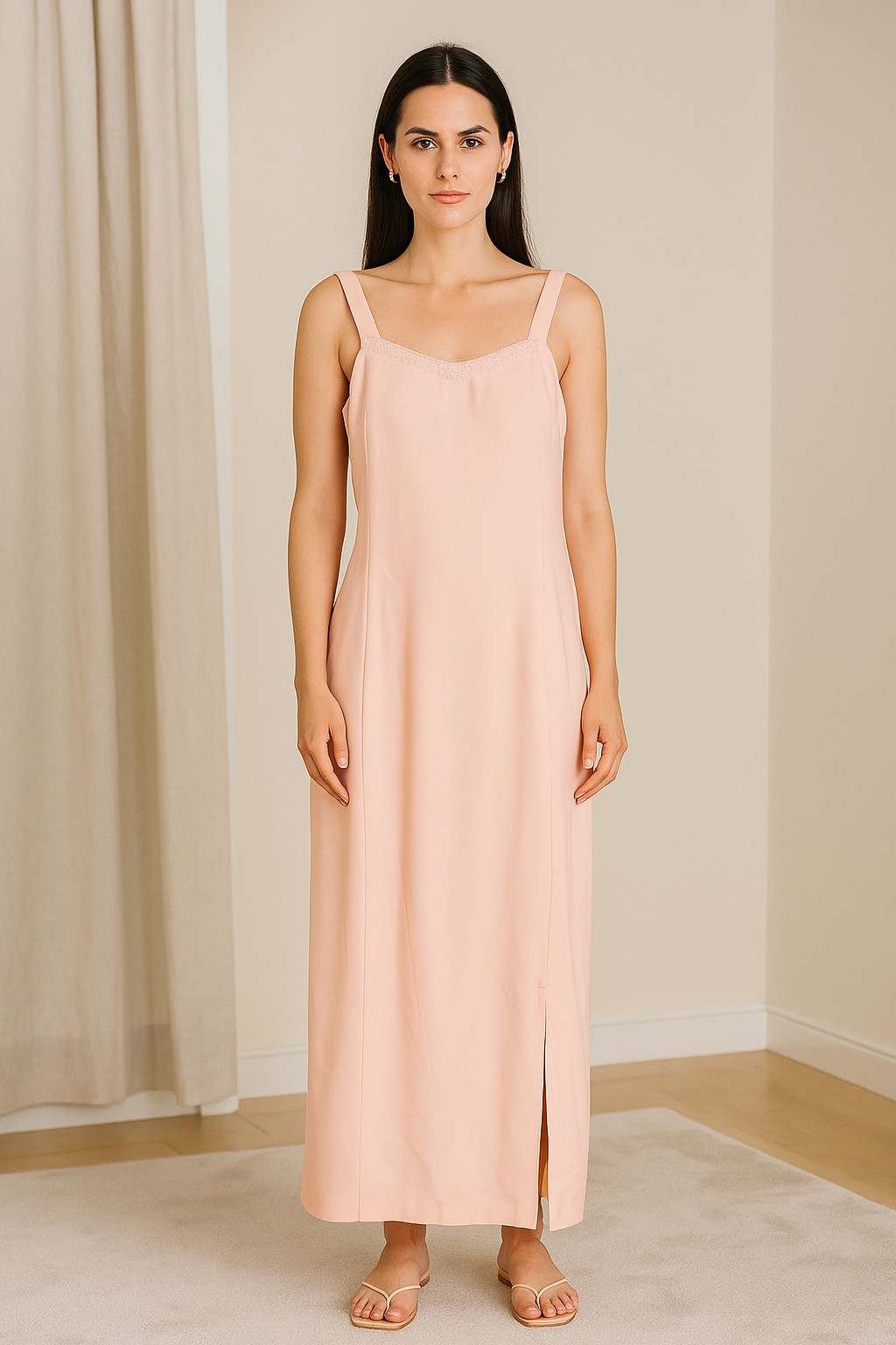 Classic Women 18 Strap Sleeve Beaded V Neck Split Long Pink Fairy Princess Dress