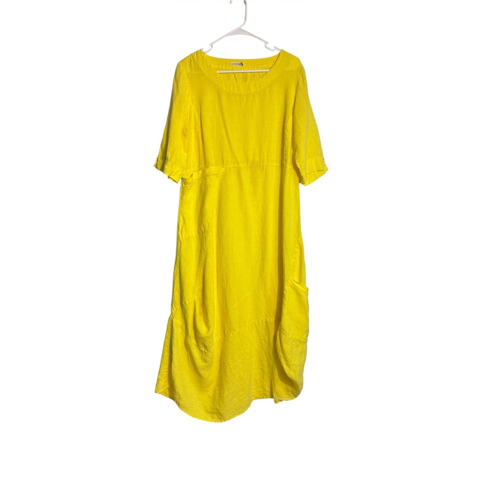 Luukaa Yellow Linen Balloon Pocket Midi Dress Lagenlook Art to Wear Size 12