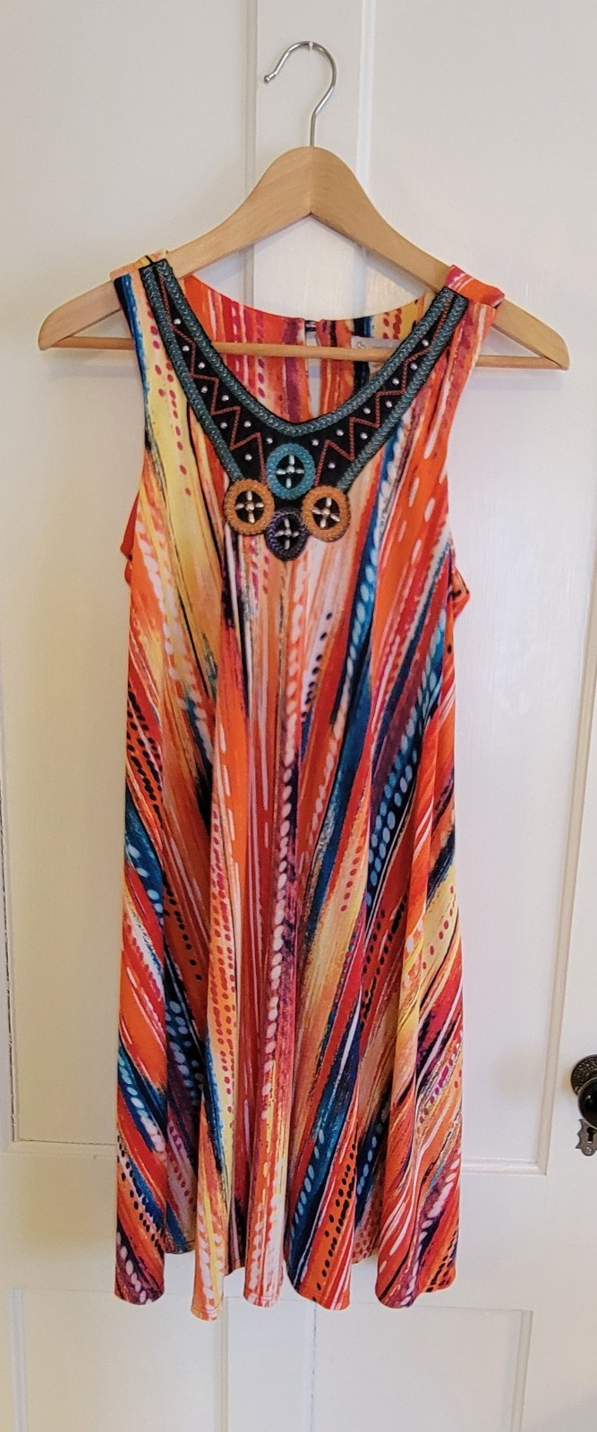 Colorful Boho Chic Embroidered Neckline Dress Size 6