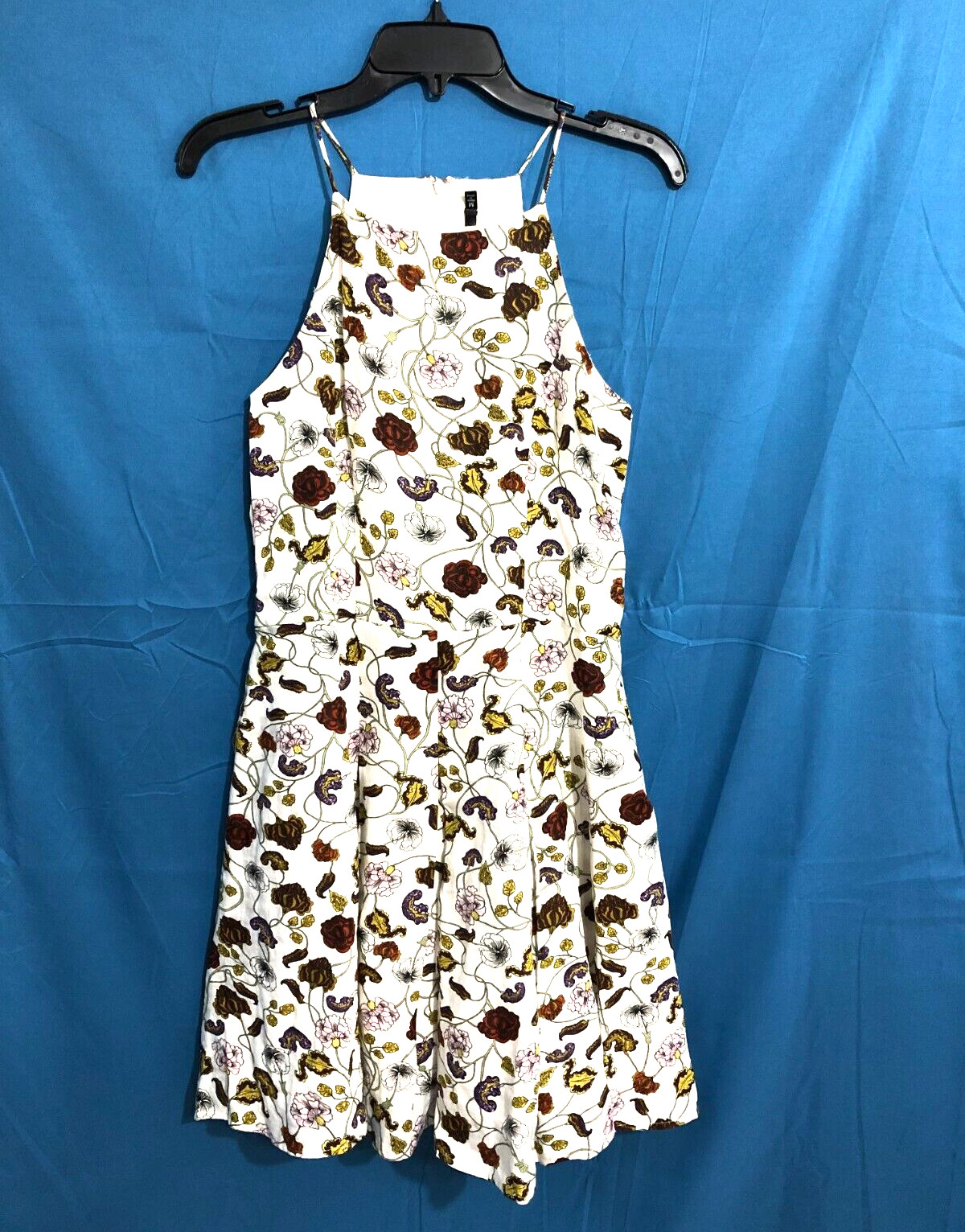 DOE & RAE Anthropologie LINEN White/Red/Purple FLORAL Back Zip A-Line Dress Sz M