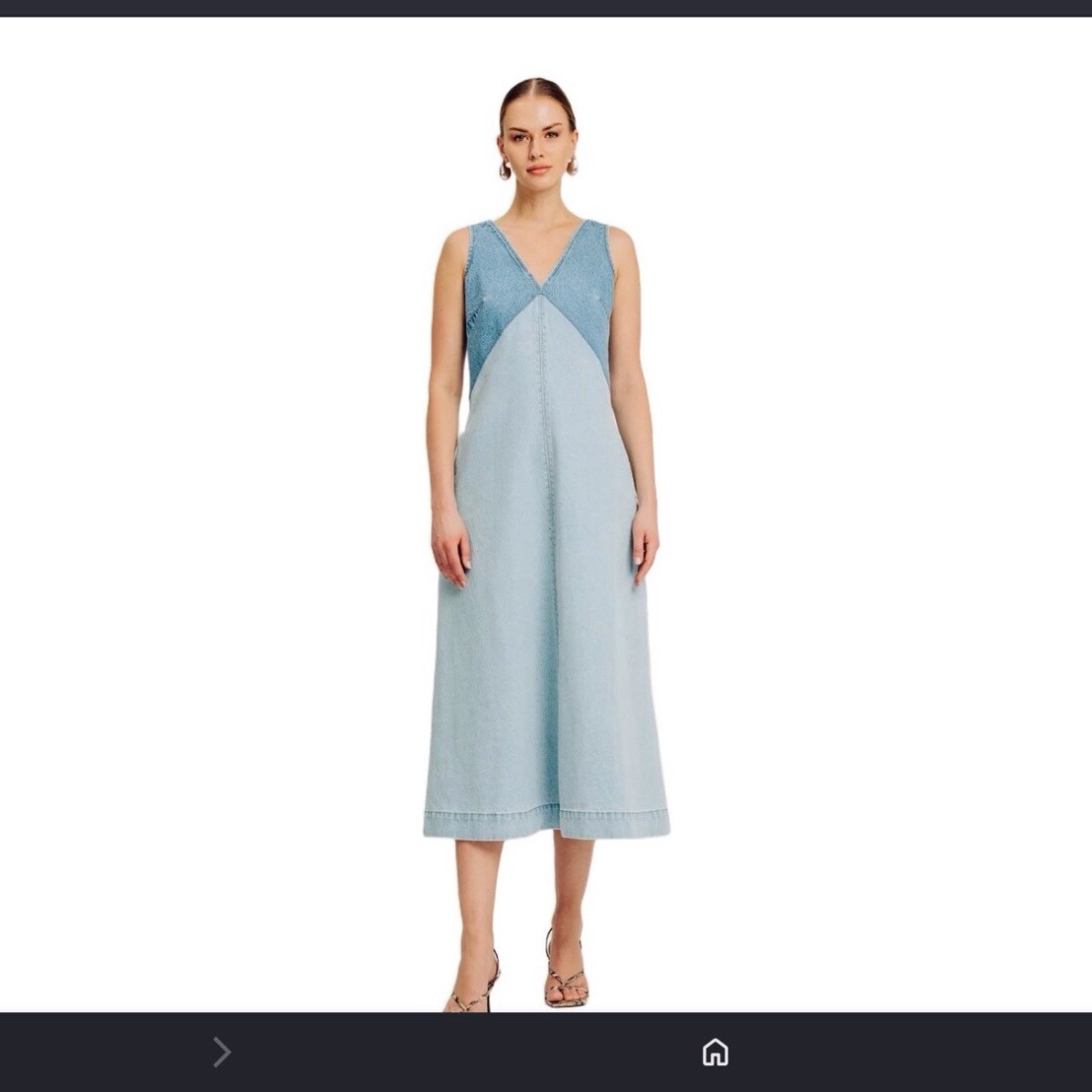Women’s Blue Colorblock Denim A-Line Midi Dress Sleeveless V-Neck Regular