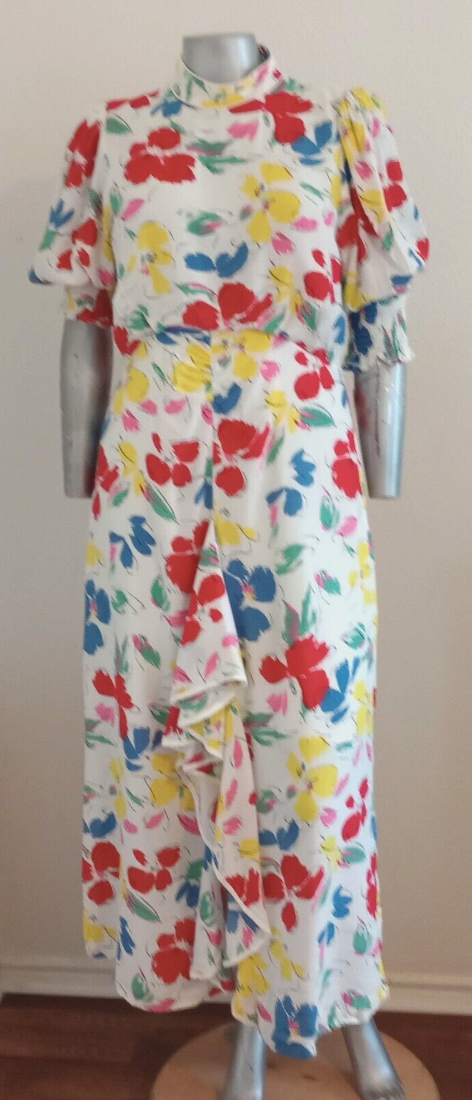 NWT WOMAN RIXO MAXI CASCADE RUFFLE DRESS Size 14 Mock Neck Puff Short Sleeve