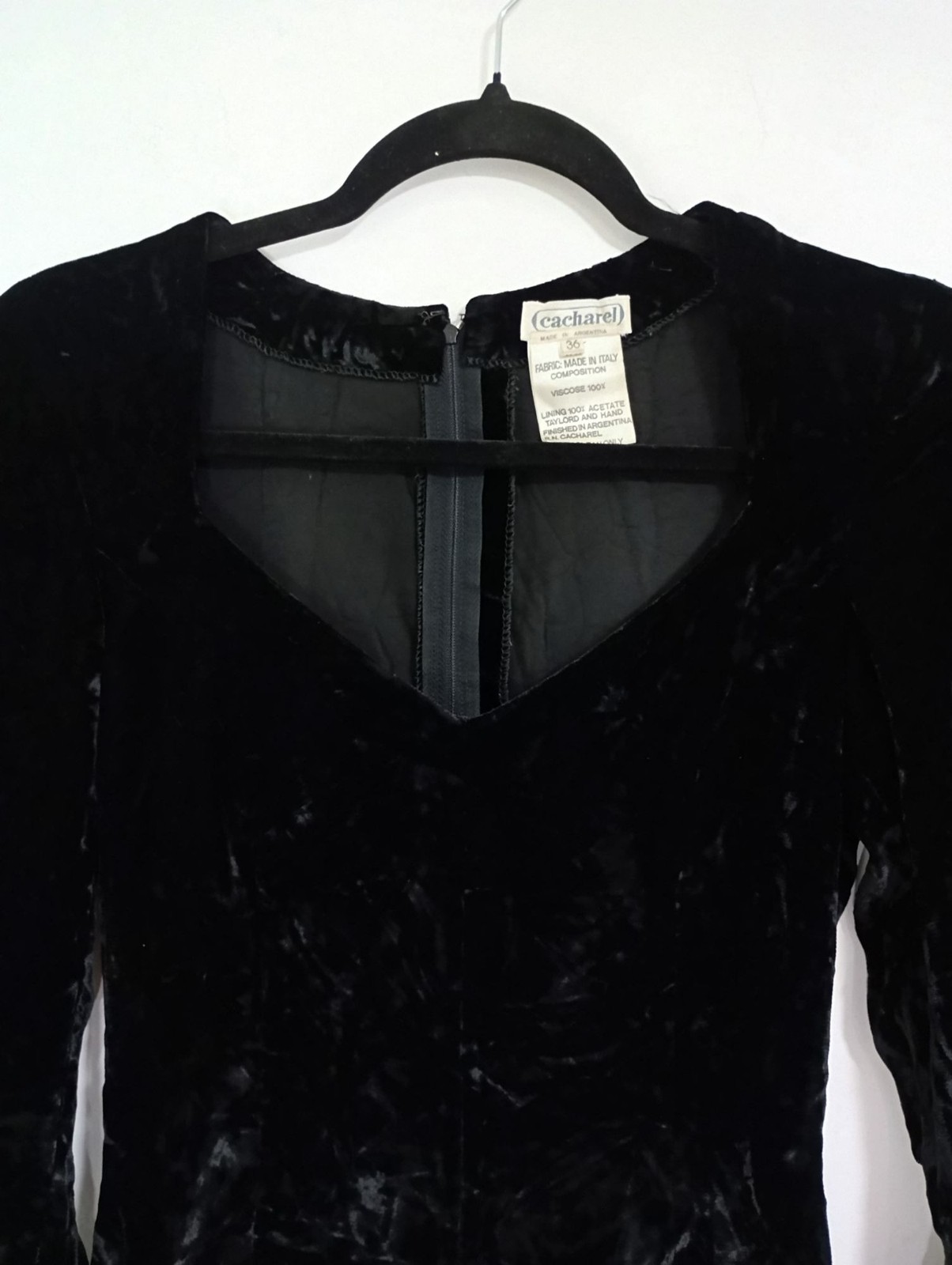 Cacharel Black Velvet Long Sleeve Mini Dress Size 36 Italy Viscose Acetate Linin