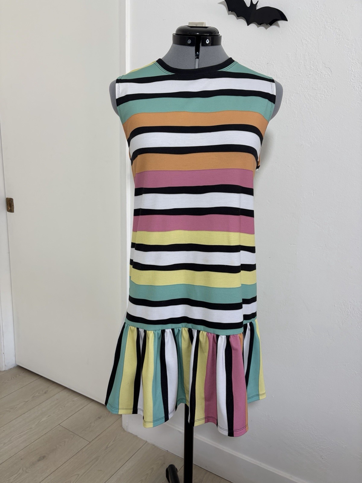 Blackmilk Multicolor Striped Knit Shift Dress Ruffle Hem Crew Neck Stretch S